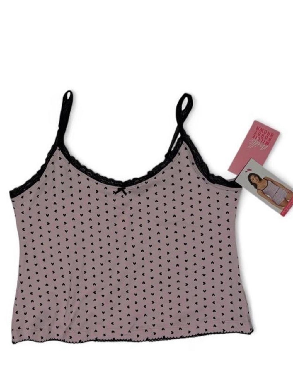 Ladies Pink Heart-Print Lace-Trim Cami